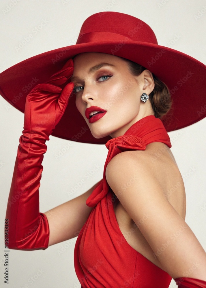 Elegant model in red gloves and wide-brim hat Elegant model in red gloves and wide-brim hat
