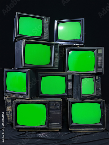 Stack of Vintage CRT Televisions with Green Screens in Dark Room (AI Generated)