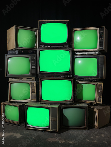 Stack of Vintage CRT Televisions with Green Screens in Dark Room (AI Generated)