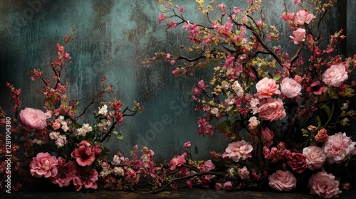 Elegant Floral Arrangement with Pink and Red Blooms on Teal Background