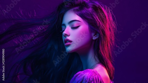 A stunning portrait of a woman with flowing hair, illuminated by vibrant purple and pink lights, exuding elegance and beauty. photo