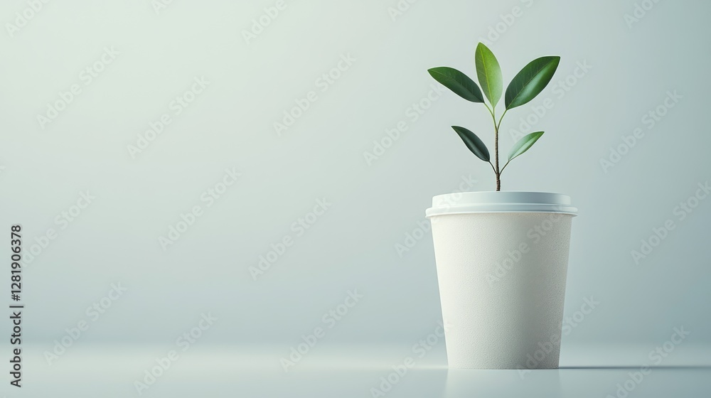 Fototapeta premium Disposable coffee cup with growing green plant, sustainable eco-friendly concept background with copy space