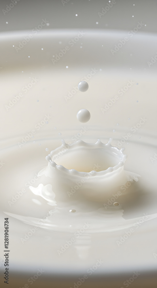 A close-up of a milk splash with droplets falling into a pool of milk, creating a crown-like shape. The background is soft and blurred, enhancing the focus on the splash. A close-up of a milk splash with droplets falling into a pool of milk, creating a crown-like shape. The background is soft and blurred, enhancing the focus on the splash.
