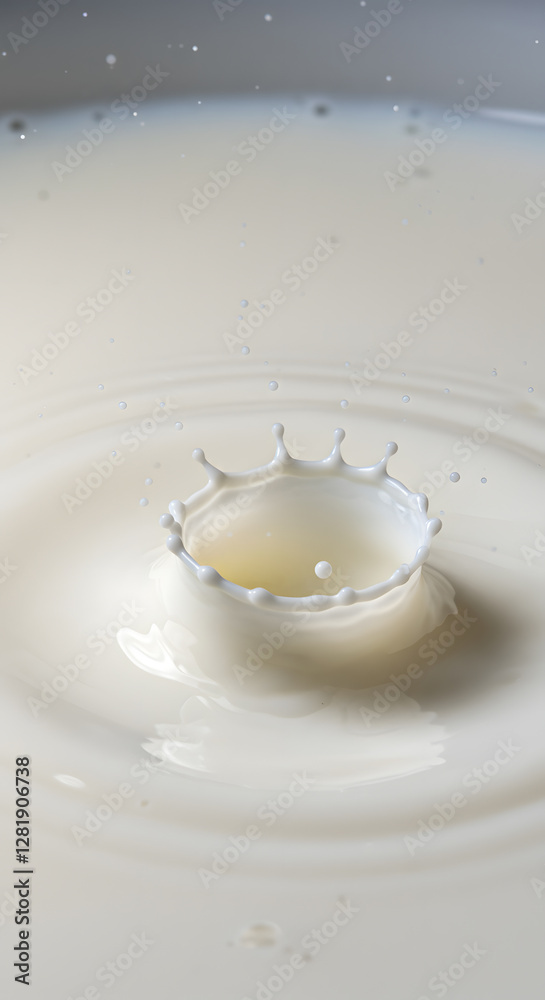 A close-up of a milk splash with droplets falling into a pool of milk, creating a crown-like shape. The background is soft and blurred, enhancing the focus on the splash. A close-up of a milk splash with droplets falling into a pool of milk, creating a crown-like shape. The background is soft and blurred, enhancing the focus on the splash.