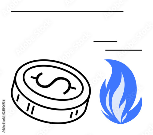 Dollar coin and blue flame signify financial loss. Ideal for economics, finance, banking, investment, business risk management crisis communication. Line metaphor. Line metaphor. Simple line icons