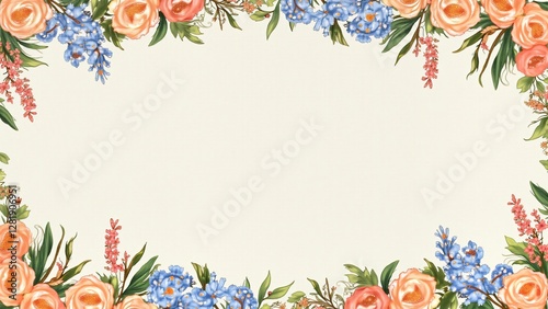 Wallpaper Mural Elegant Floral Frame with Peach Roses and Blue Flowers - Blank Template for Design Torontodigital.ca
