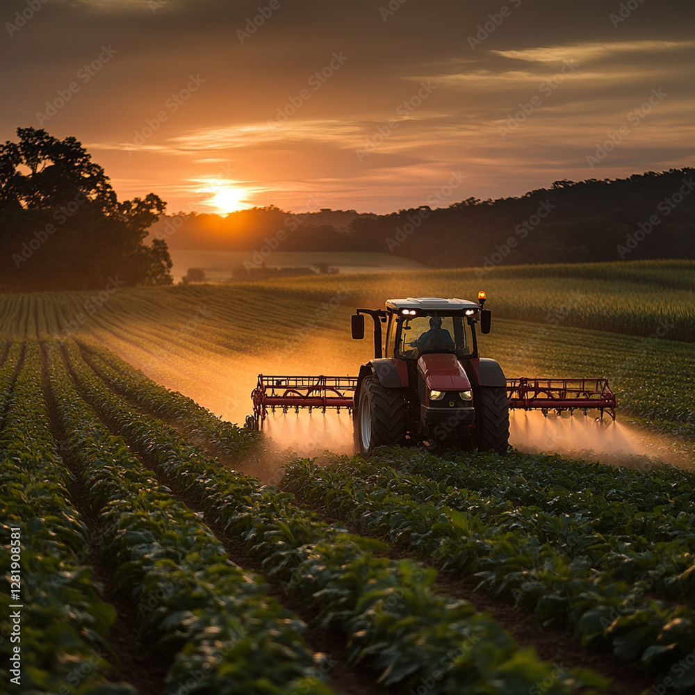 Fototapeta premium tractor sprays pesticides on lush green field during sunset, creating serene agricultural scene. warm light enhances beauty of landscape