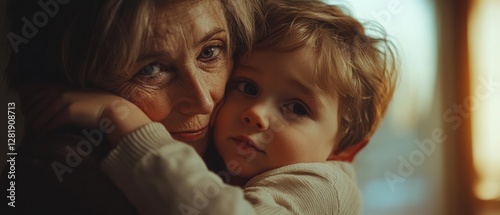 An elderly woman lovingly embraces a young child, framed in warm light, capturing a moment of familial affection and tenderness. photo