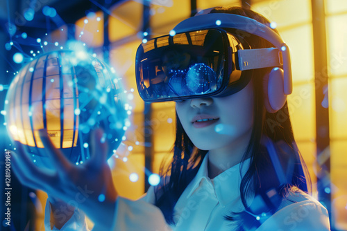 School student with VR headset using AI artificial intelligence technology, machine learning. Interactive technology in classroom. Innovation & smart tech. AI blue orb hologram. Futuristic education	
 photo