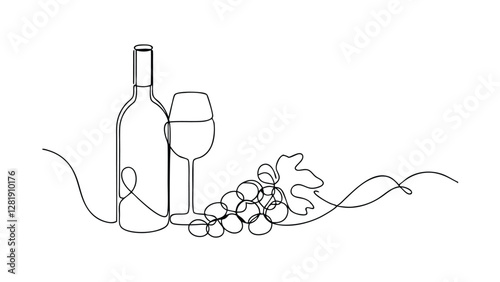 Singleline drawing of a wine bottle, wine glass, and grapes. Elegant minimalist style. Represents winemaking, vineyard, and beverage enjoyment.