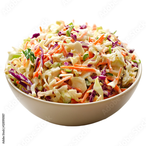 A bowl of coleslaw made with shredded cabbage and carrots, dressed with a creamy sauce, sitting on a plain white background.