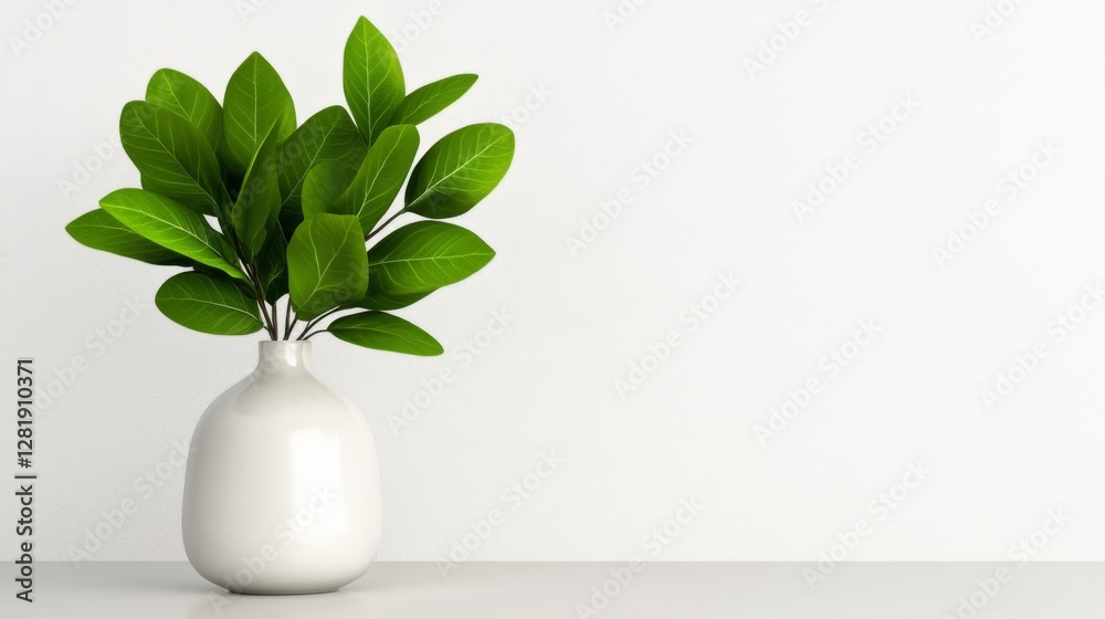 Fresh green leaves in a simple white vase on a minimalist table against a plain wall Fresh green leaves in a simple white vase on a minimalist table against a plain wall