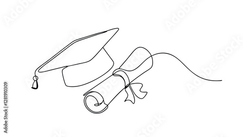 A singleline drawing depicts a graduation cap and diploma, symbolizing academic achievement, graduation, and the culmination of educational pursuits. Simple, elegant design.