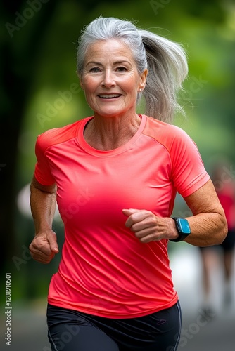 Confident older woman with gray hair tied back in pink sprtswear, jogging in a sunlit park.
