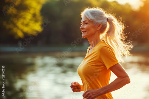 Fit senior woman with gray hair tied in a ponytail running near lake in a green park on a warm summer day. Copy space.