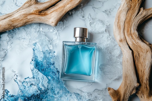 Perfume bottle mockup for design and branding with sea and driftwood essence