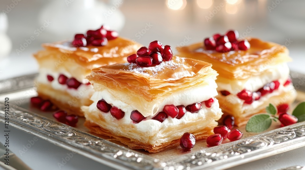 This image showcases a beautifully arranged dessert layer of flaky pastry, creamy filling, and topped with fresh pomegranate seeds, evoking a sense of indulgence and elegance. This image showcases a beautifully arranged dessert layer of flaky pastry, creamy filling, and topped with fresh pomegranate seeds, evoking a sense of indulgence and elegance.