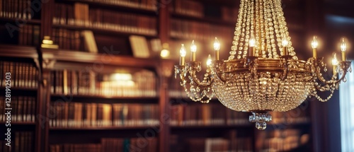 A bejeweled chandelier stands out against a backdrop of rich bookshelves, casting a warm, inviting glow that speaks of luxury and warmth.