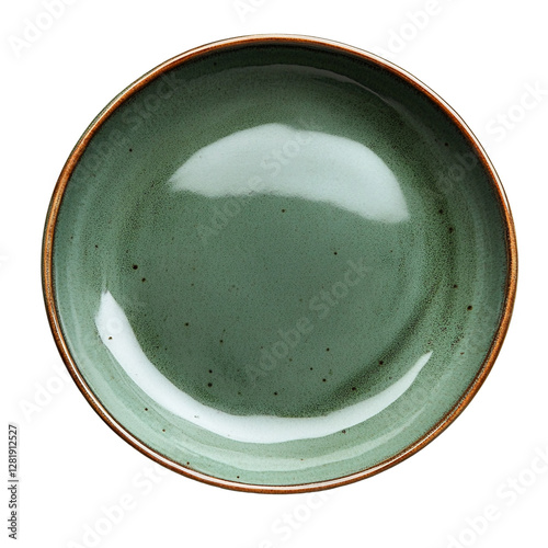 A ceramic plate with a light green glaze and brown rim is shown against a white background.
