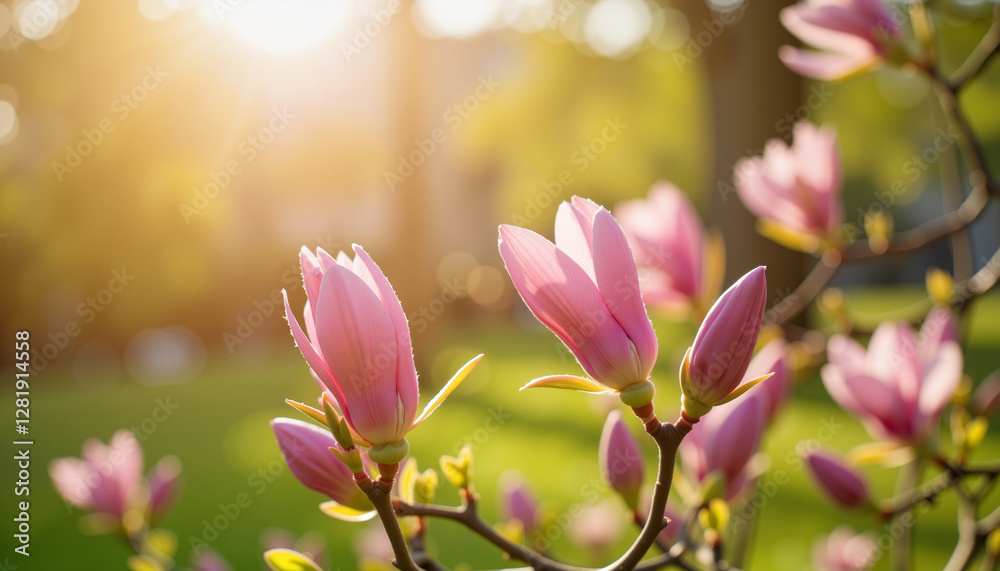 Obraz premium Tranquil magnolia buds blooming in suburban garden, nature's serenity