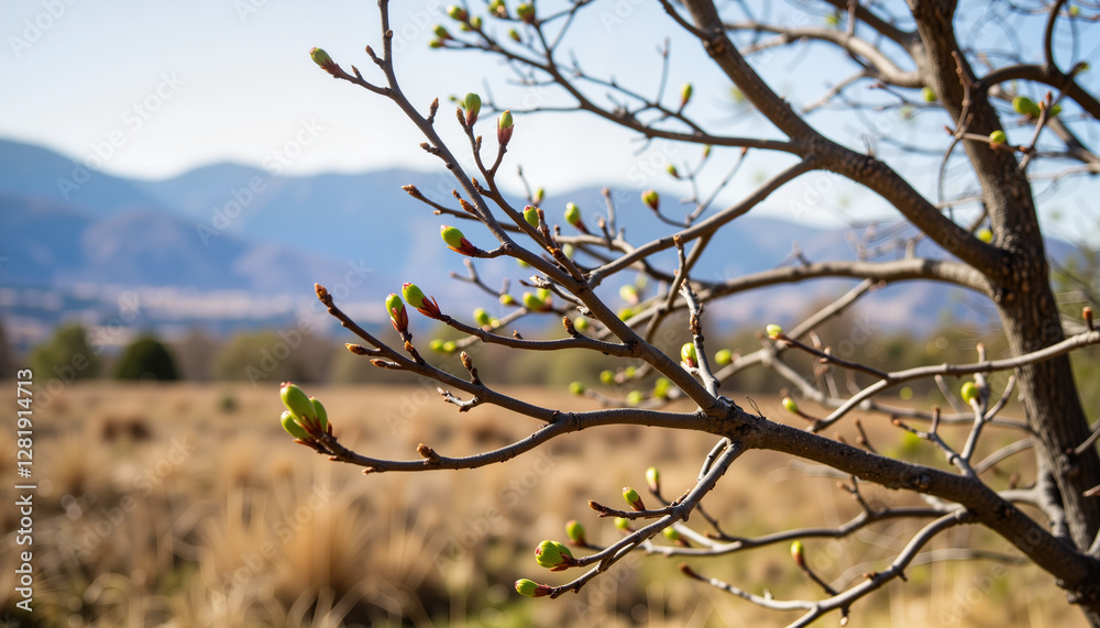 Bare branches swaying in strong winds with buds, spring awakening Bare branches swaying in strong winds with buds, spring awakening