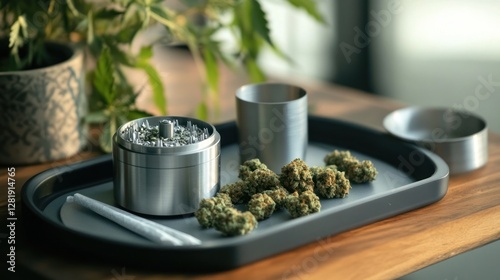 Cannabis grinder, buds, and rolling paper on tray.