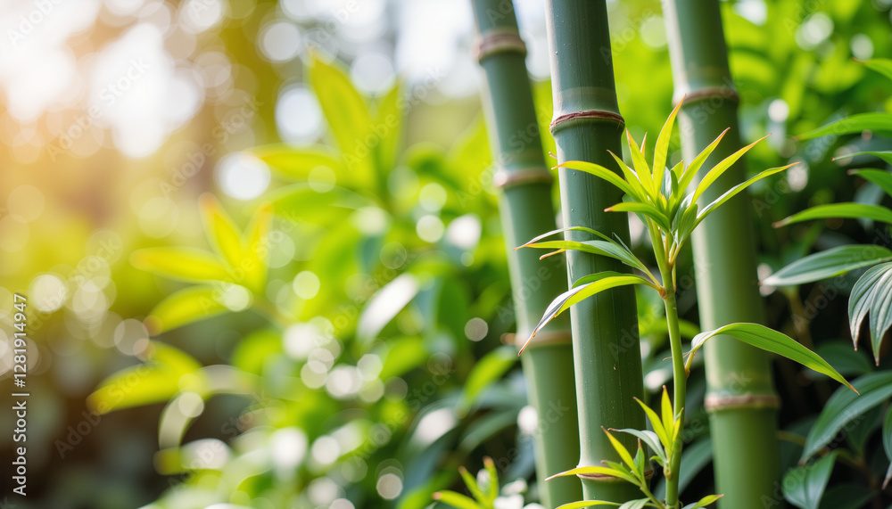 Fototapeta premium Young bamboo shoots growing in lush tropical setting, nature's renewal