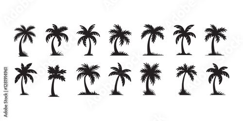 set of black silhouettes of a palm tree, silhouette of a palm tree isolated , Black palm trees set isolated on white background. Palm silhouettes. Design of palm trees for posters, banners .