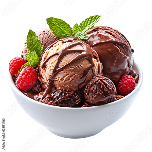 Chocolate and vanilla ice cream with chocolate sauce, raspberries, and mint leaves.