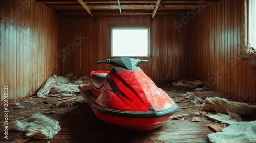This striking image features a red jet ski in an abandoned space, surrounded by debris, creating an intriguing juxtaposition of adventure and desolation in a forgotten environment.