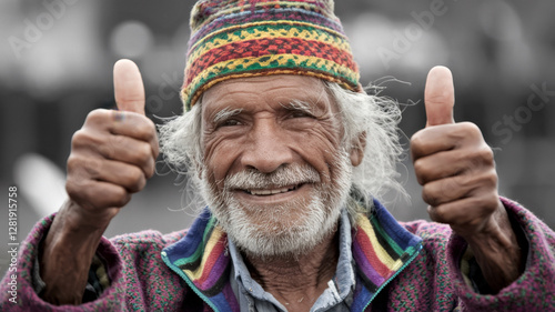 Happy elderly man giving thumbs up, showcasing joy and positivity photo