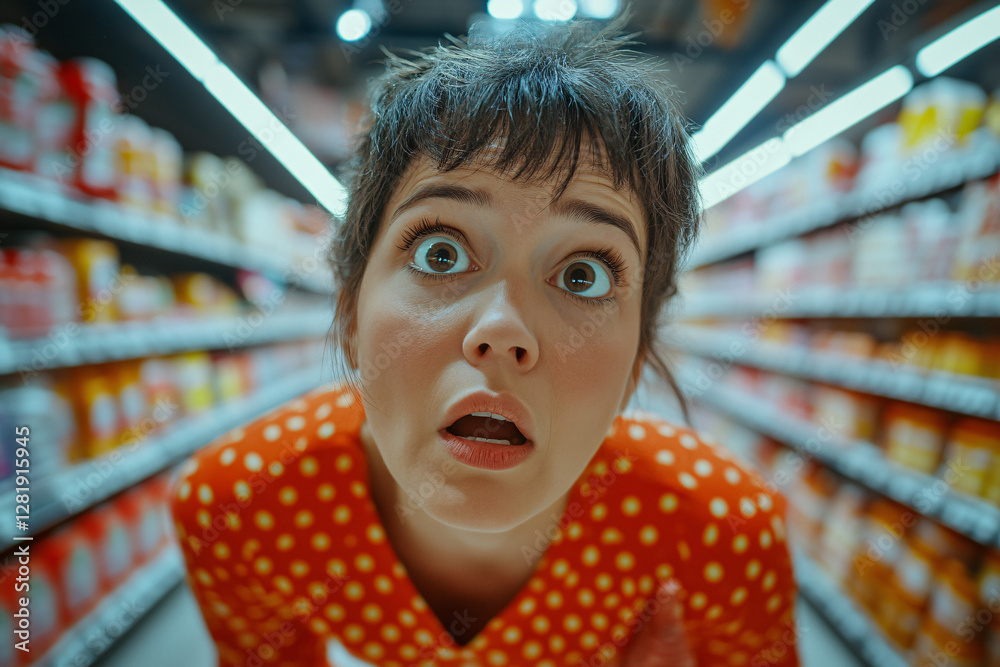 Surprised People Supermarket Aisle Looking Upward Shocked Faces Retail Store Shopping Groceries Consumer Aisle Vertical Perspective Low Angle View Expression Astonishment