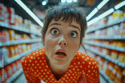 Obraz na płótnie Surprised People Supermarket Aisle Looking Upward Shocked Faces Retail Store Shopping Groceries Consumer Aisle Vertical Perspective Low Angle View Expression Astonishment w salonie