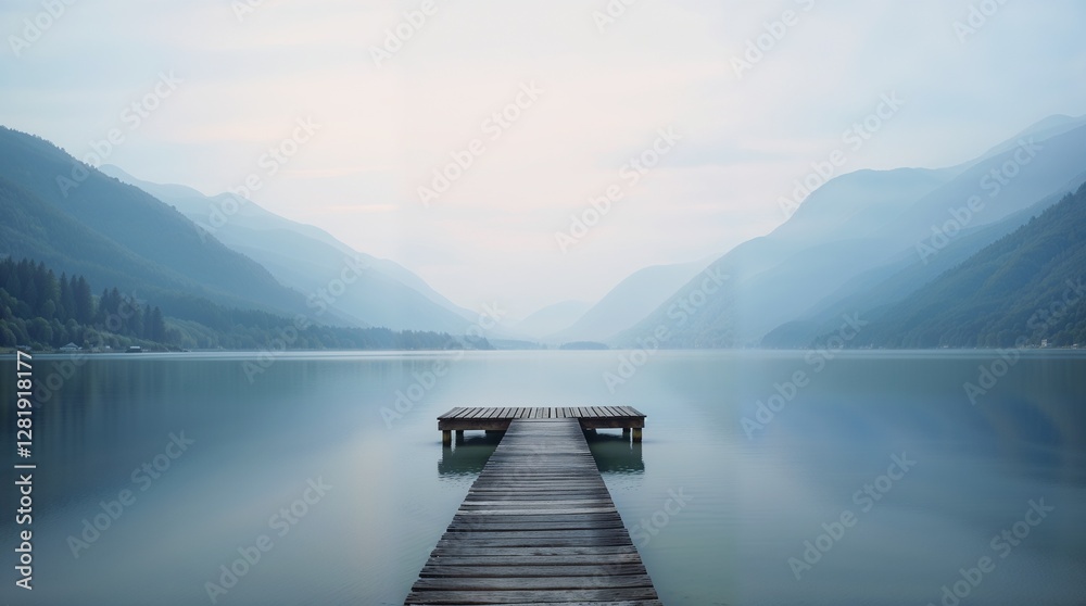 Naklejka premium Serene Lake Landscape with Wooden Pier – Tranquil Nature Photography