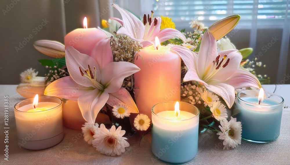 A serene setup featuring pastel-colored candles, elegantly arranged with a delicate floral display of lilies, creating a calm, tranquil ambiance perfect for relaxation or a peaceful gathering. A serene setup featuring pastel-colored candles, elegantly arranged with a delicate floral display of lilies, creating a calm, tranquil ambiance perfect for relaxation or a peaceful gathering.