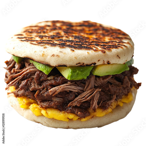 A close-up of an arepa sandwich with avocado and shredded beef.