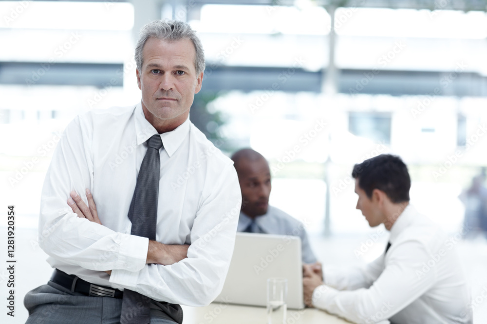 Office, portrait and businessman with arms crossed for meeting, investment update and accounting firm. Staff, mature leader and project accountant with pride for auditing, career and financial report Office, portrait and businessman with arms crossed for meeting, investment update and accounting firm. Staff, mature leader and project accountant with pride for auditing, career and financial report