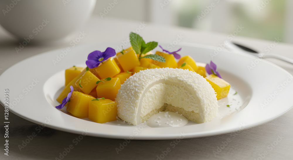 Creamy coconut mochi dessert topped with fresh mango slices, mint leaves, and edible flowers, served on a white plate. Creamy coconut mochi dessert topped with fresh mango slices, mint leaves, and edible flowers, served on a white plate.