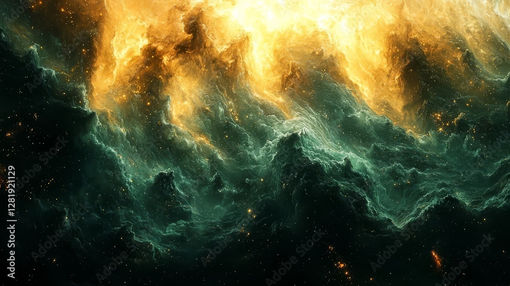 Fototapeta premium Vibrant cosmic clouds in shades of green and gold, evoking a sense of wonder and exploration in the vast universe.