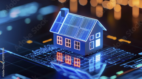 Smart home model with solar panels on digital interface, symbolizing innovation and sustainability
