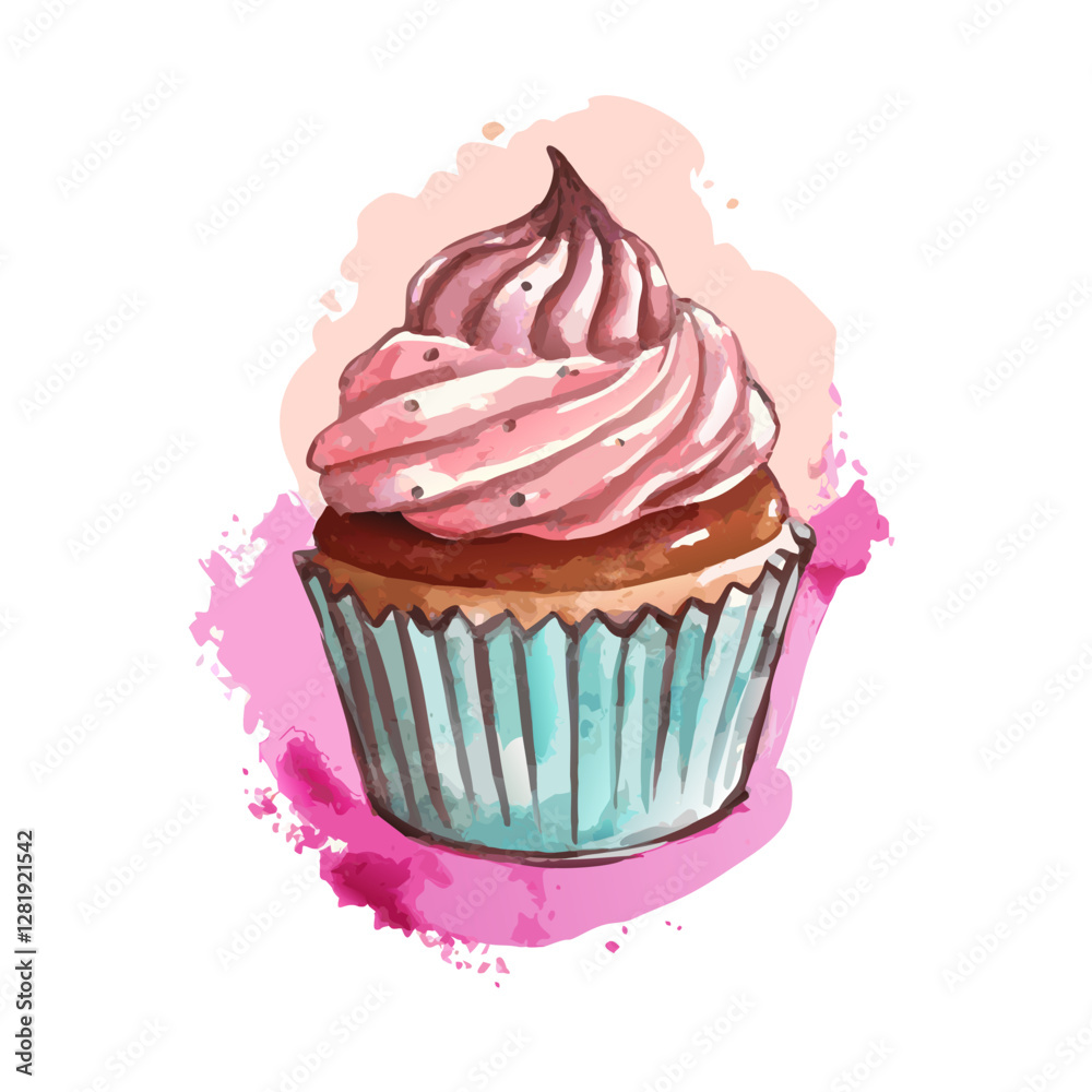 Pink frosted cupcake with watercolor effect Pink frosted cupcake with watercolor effect