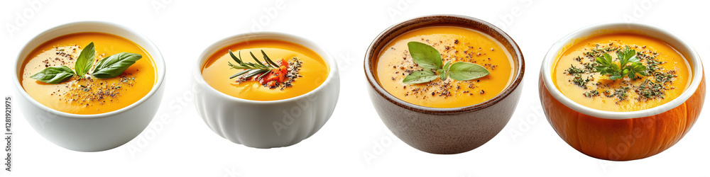 Four delicious bowls of colorful soup garnished with fresh herbs and spices. Four delicious bowls of colorful soup garnished with fresh herbs and spices.