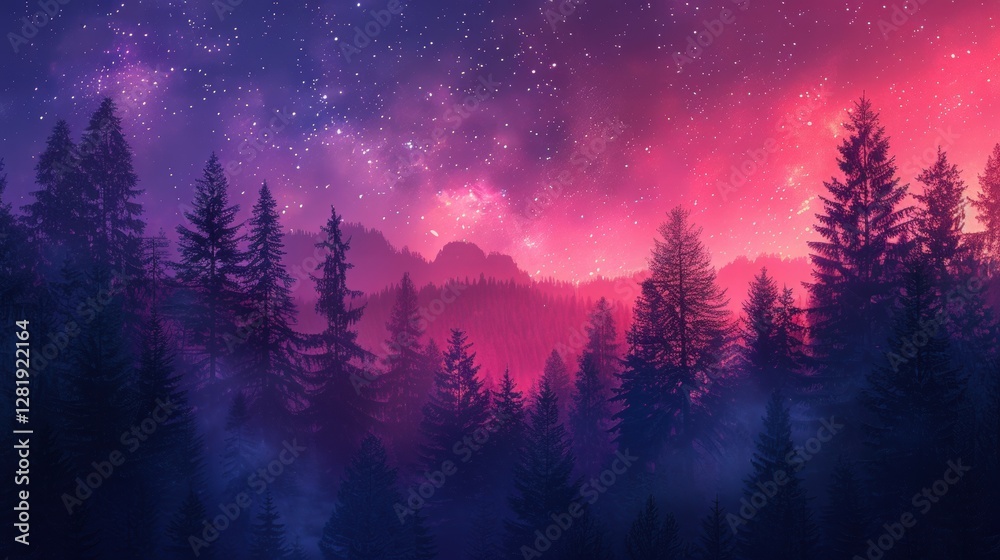 Dreamy Night Sky Over Serene Forest with Starry Background