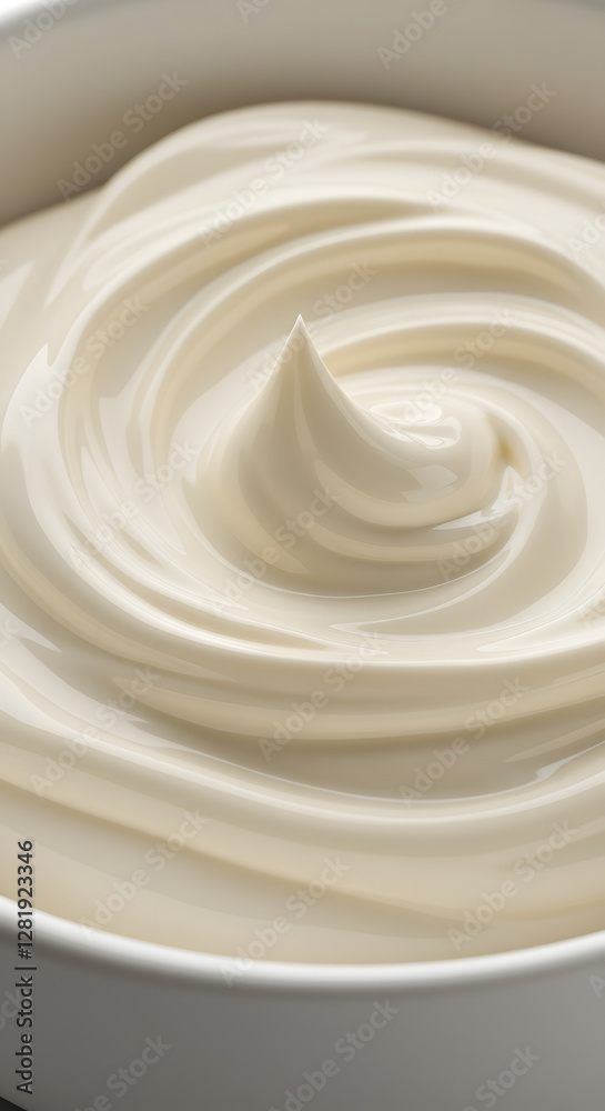 A close-up of a bowl filled with creamy, smooth yogurt or sour cream, with a swirl on top, set against a plain white background. A close-up of a bowl filled with creamy, smooth yogurt or sour cream, with a swirl on top, set against a plain white background.