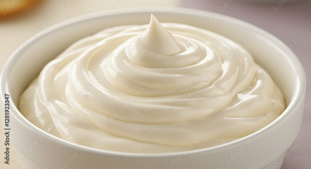 A close-up of a bowl filled with creamy, smooth yogurt or sour cream, with a swirl on top, set against a plain white background. A close-up of a bowl filled with creamy, smooth yogurt or sour cream, with a swirl on top, set against a plain white background.