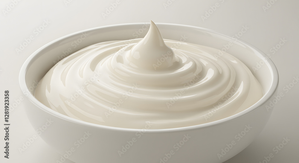 A close-up of a bowl filled with creamy, smooth yogurt or sour cream, with a swirl on top, set against a plain white background. A close-up of a bowl filled with creamy, smooth yogurt or sour cream, with a swirl on top, set against a plain white background.