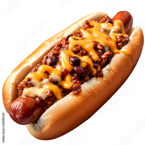 A hot dog covered with chili and cheese on top of it.