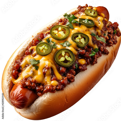 Hot dog with chili cheese and jalapenos.