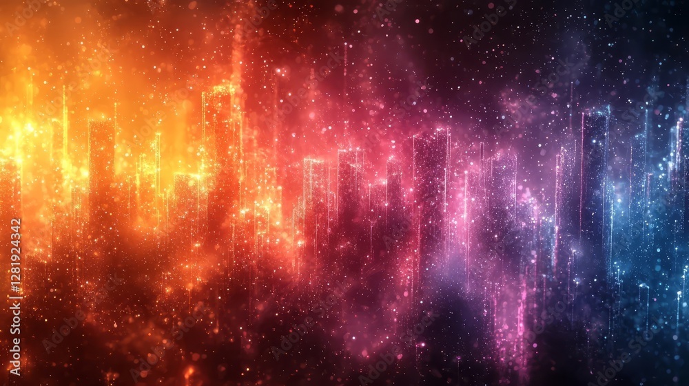 Naklejka premium Vibrant cosmic landscape with swirling colors of orange, pink, and blue, evoking a sense of wonder and exploration in a digital universe.