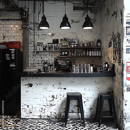 A modern industrial looking cafe with minimalist minimalist design and stools photo